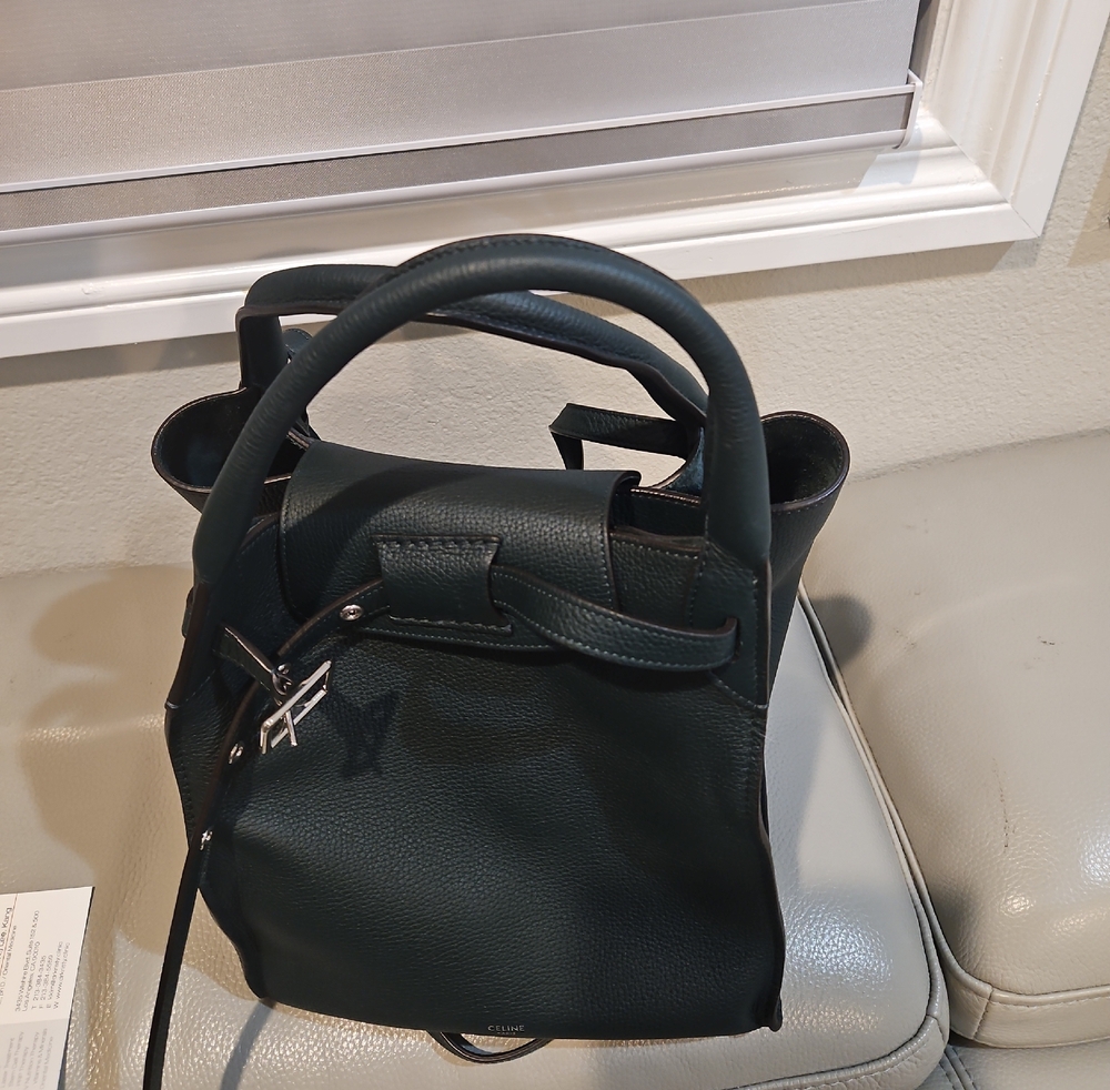 Celine Dark Green Pebbled Leather Shoulder Tote - Picture 6 of 7